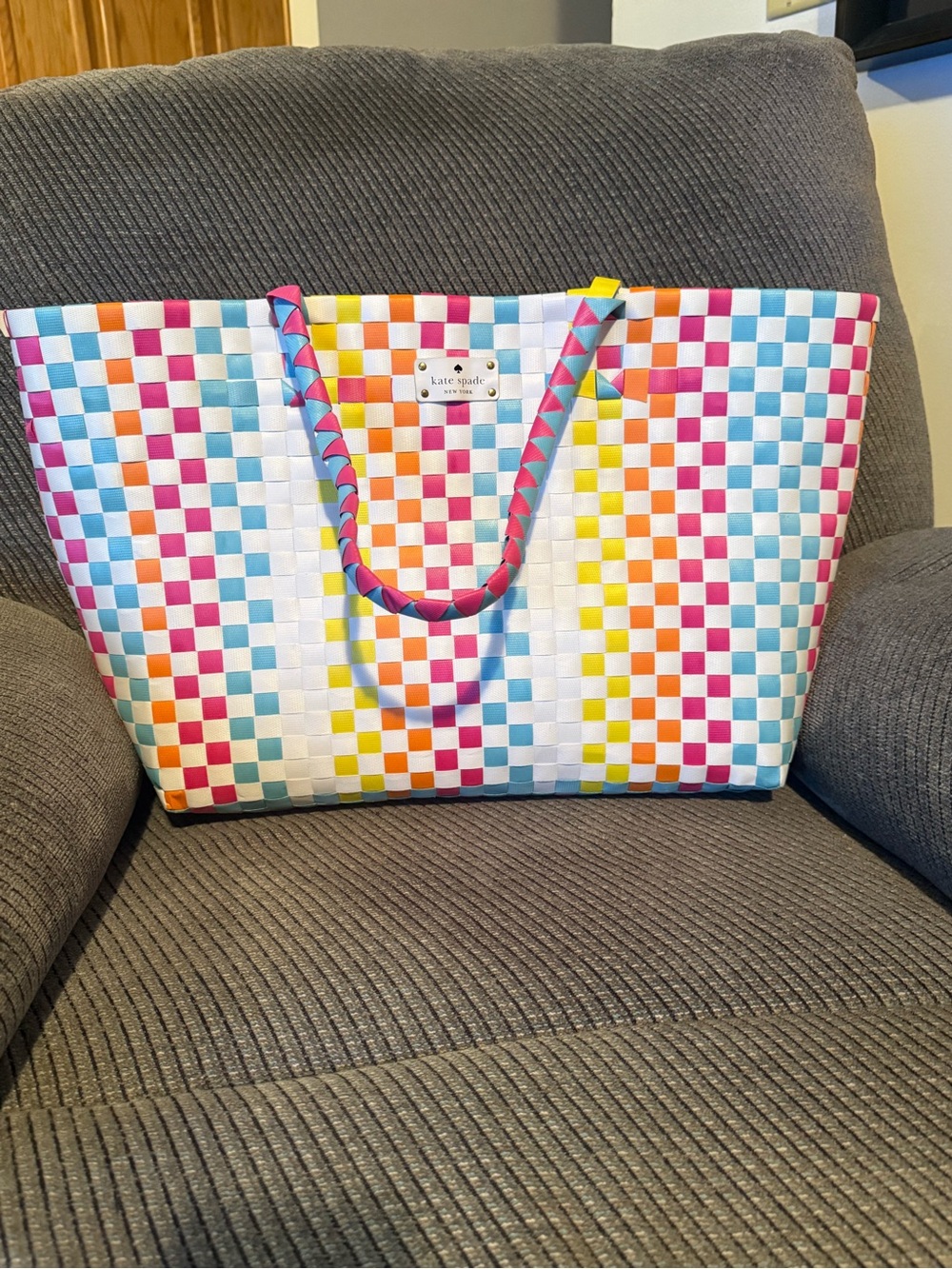 kate spade Multicolor Woven Check Tote with Pink Strap